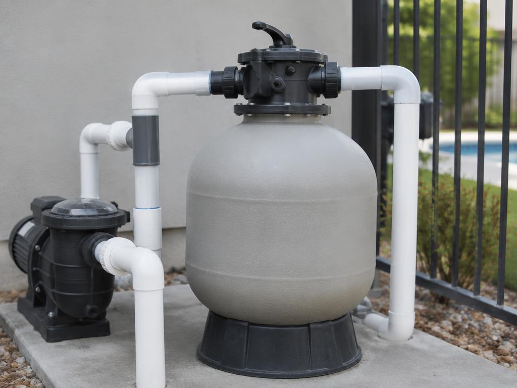 Pool sand filter tank with a multiport valve and plumbing connections on an equipment pad