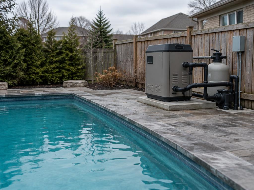 Gas pool heater on an equipment pad beside a residential swimming pool