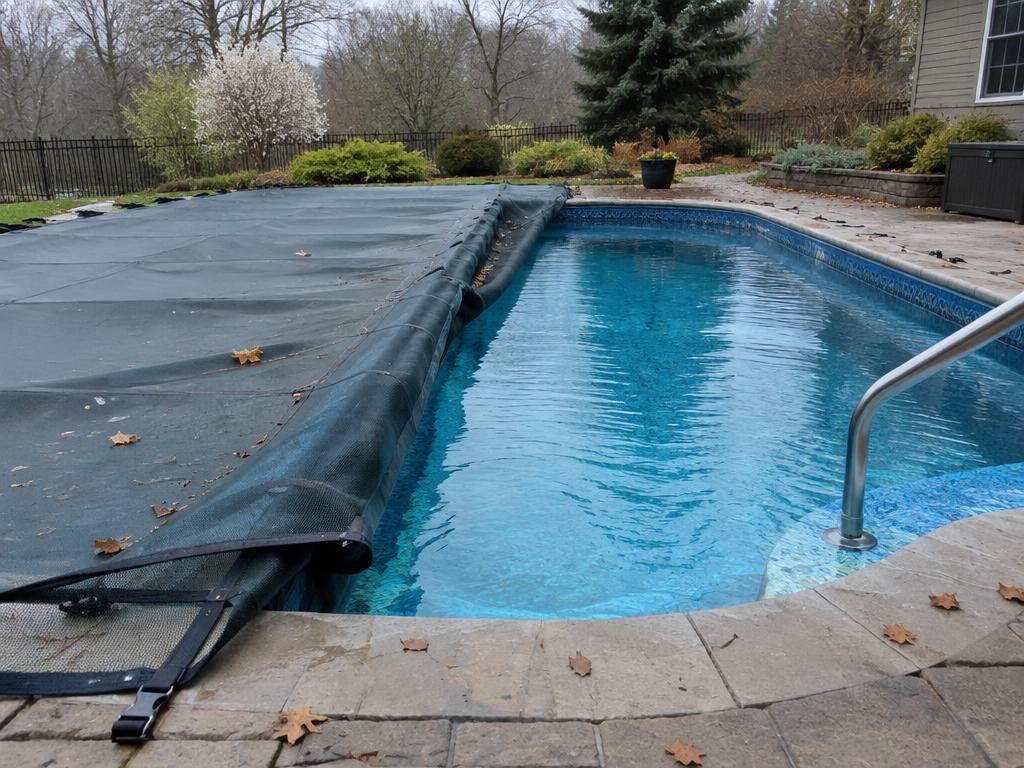 Mesh winter cover being peeled back from a residential pool on a spring morning