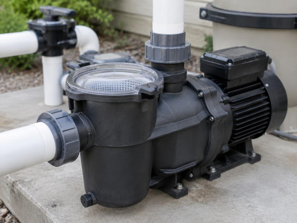 Swimming pool pump and motor with plumbing fittings on an outdoor equipment pad